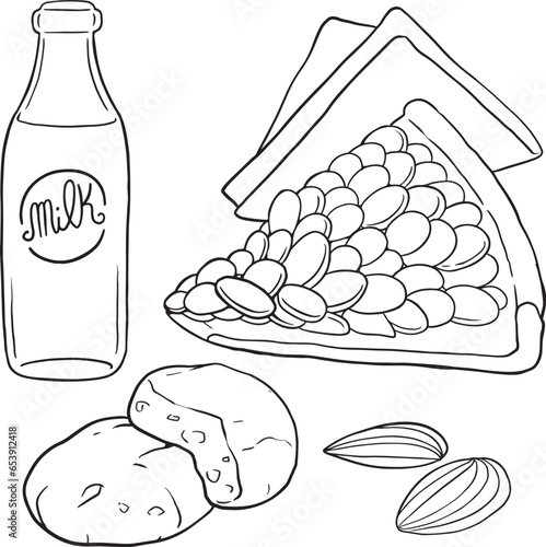 Breakfast, milk, almonds, cookies, pancake - Black and white, Black line vector