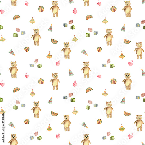 Watercolor seamless pattern with children's toys