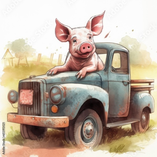 Ilustração pequeno porco suíno em um veículo antigo photo