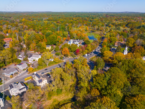 Wayland historic town center aerial view in fall with fall foliage at Boston Post Road and MA Route 27, including First Parish Church and Town Hall, Wayland, Massachusetts MA, USA.  photo