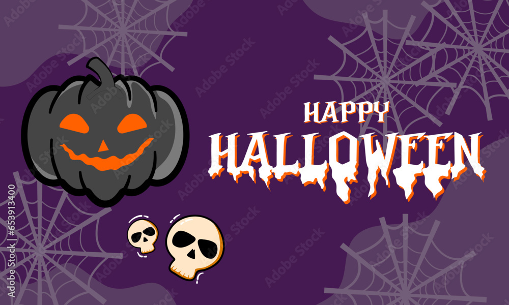 Happy Halloween banner or party invitation background with clouds, bats and pumpkins in paper cut style. Vector illustration. Full moon in orange sky, spider web