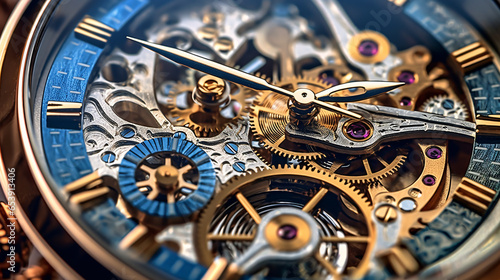 In a captivating close-up, the intricate clock mechanism comes to life, revealing its mesmerizing inner workings. Gears, springs, and wheels collaborate in a symphony.Generative AI Illustration. © peerapong