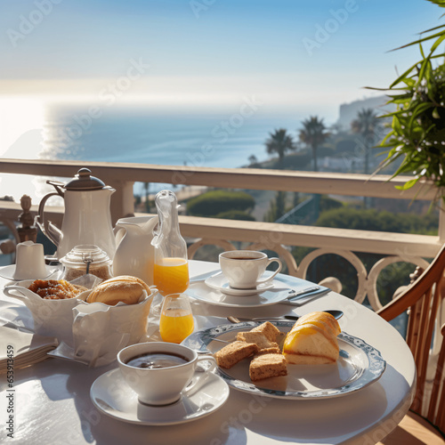 A sumptuous breakfast is elegantly arranged on the sea view balcony, creating a picturesque scene that combines culinary delight with natural beauty. The morning sun casts.Generative AI Illustration.