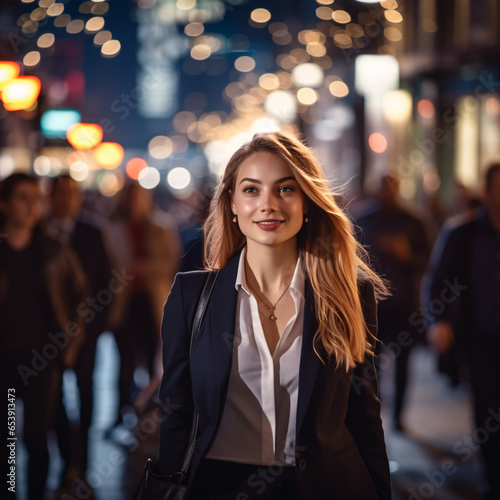 A confident businesswoman gracefully strolls along bustling London street,enveloped by the vibrant energy of the city,even in the late hours of the night.The dazzling lights.Generative AI Illustration © peerapong