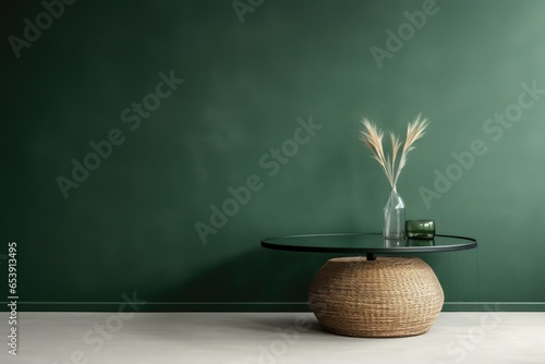 green designer room interior. ceramic vase with dried flowers. green wallpaper. minimalism interior. glass decor