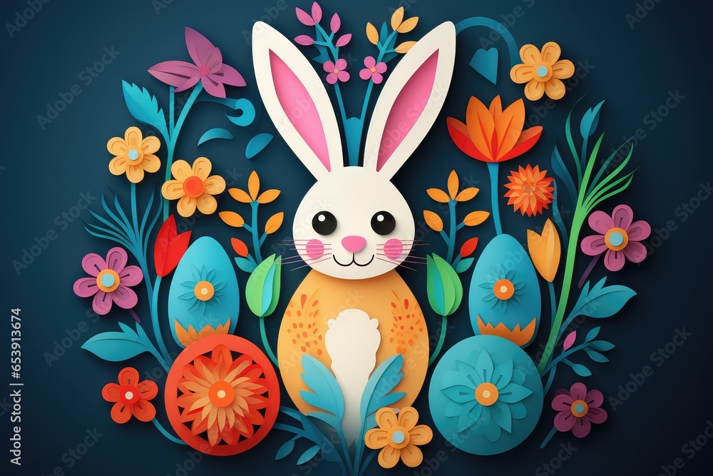 Easter card with a hare. Invitational. Paper cut style with rabbit. For Easter day, posters, wallpaper.