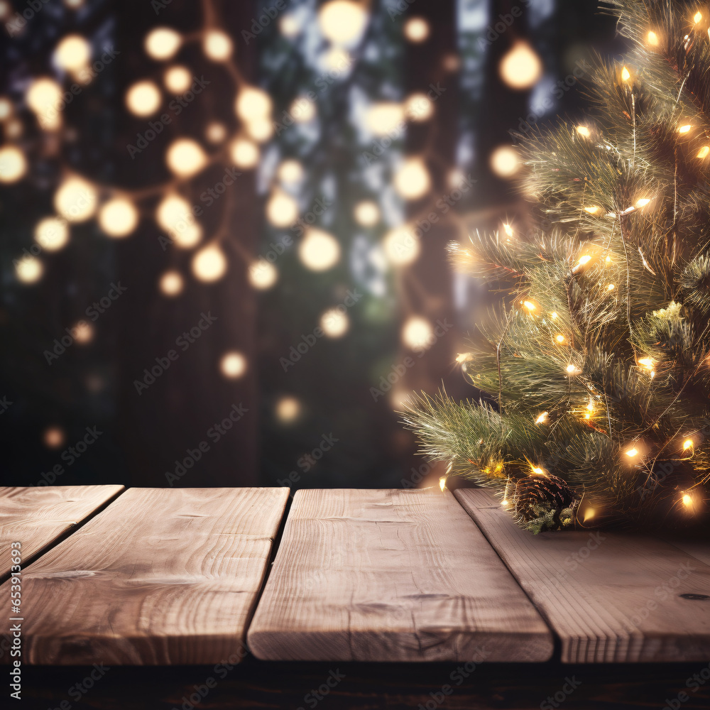 A festive wooden table, adorned with twinkling Christmas lights and holiday decorations, is set against the backdrop of an enchanting outdoor scene. Amidst the backdrop.Generative AI Illustration.