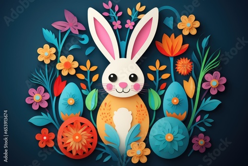 Easter card with a hare. Invitational. Paper cut style with rabbit. For Easter day, posters, wallpaper.