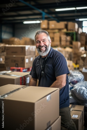 A middle-aged man works in a warehouse. boxes for things, packages, goods. warehouse space. storekeeper. marketplace warehouse © Al