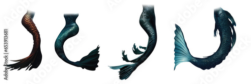 collection of mythological fantasy mermaid tails. fins, scales, mermaid fluke, water wings. transparent background. siren tails