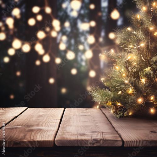 A festive wooden table, adorned with twinkling Christmas lights and holiday decorations, is set against the backdrop of an enchanting outdoor scene. Amidst the backdrop.Generative AI Illustration. photo