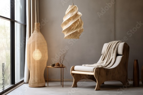 modern living room. minimalistic design with wooden chair. large beige lampshade. warm light lamp. cattail lampshade design photo