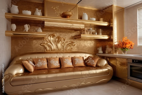 rich room design in gold color. yellow decor. decorative storage boxes. gold-plated ceramics. yellow divae. gold wallpaper in the room photo