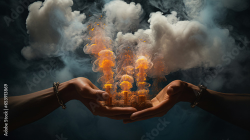 The hand of industrial smoke pollution grips our world,shrouding it in a thick veil of toxic fumes and environmental degradation.This grim reality is a consequence unchecked industrial activities, AI. photo