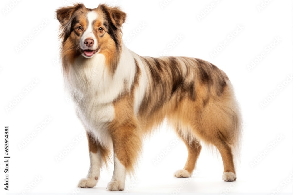 American Shepherd Dog in Red Merle Colour Standing on White Background with Blue Eye and Half Face Visible