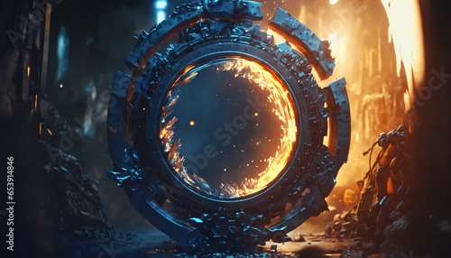 Abstract Sci-Fi Circular Object. Futuristic Design with Glowing VFX and Lens Flares"