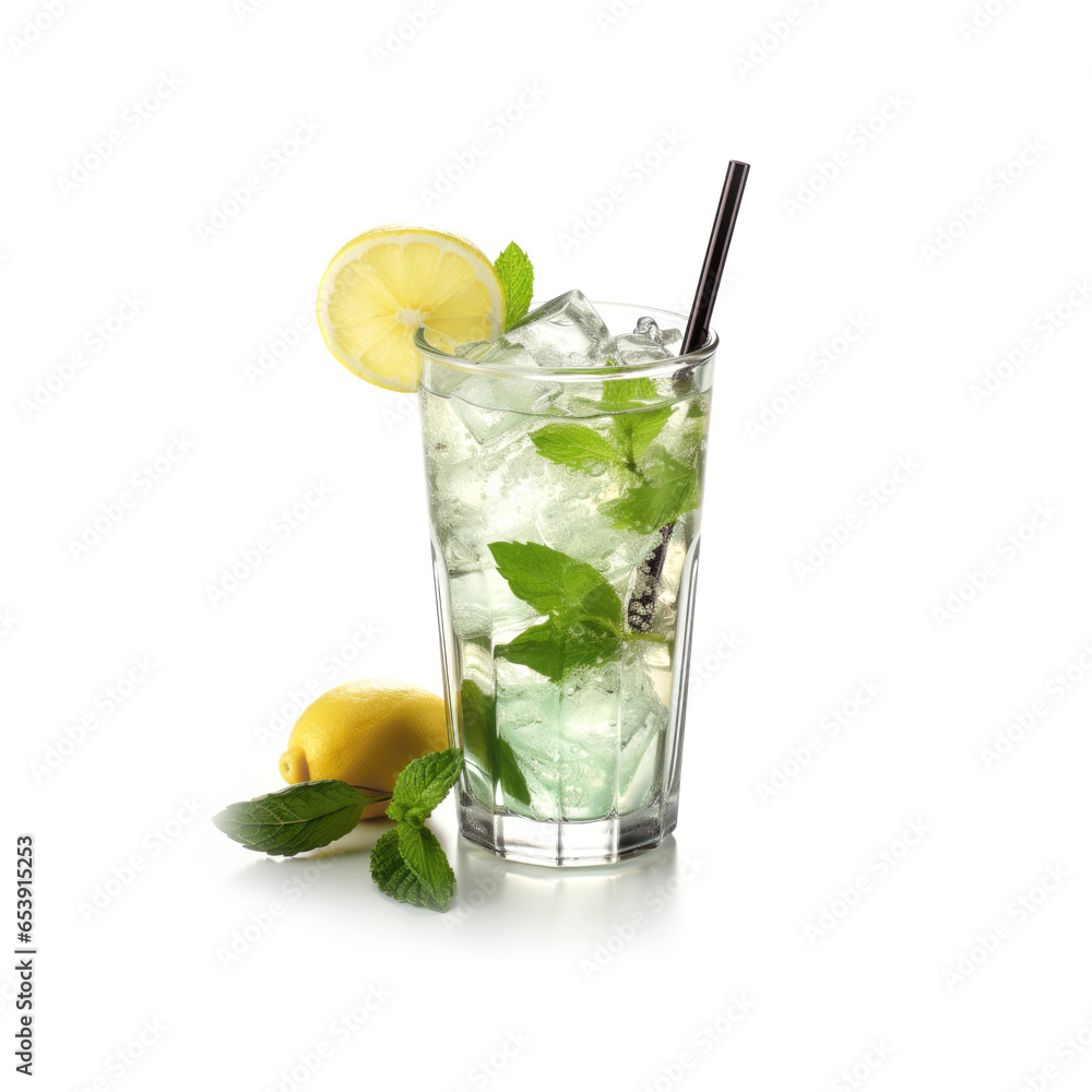 Glass of soda water with mint, lemon and ice isolated on white background, fast food menu design element Glass of soda water with mint, lemon and ice isolated on white background, fast food menu design element