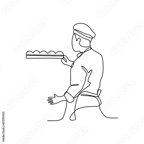One continuous line drawing of baker working activity with white background. create bread working activity design in simple linear style. baker working people design concept vector illustration.