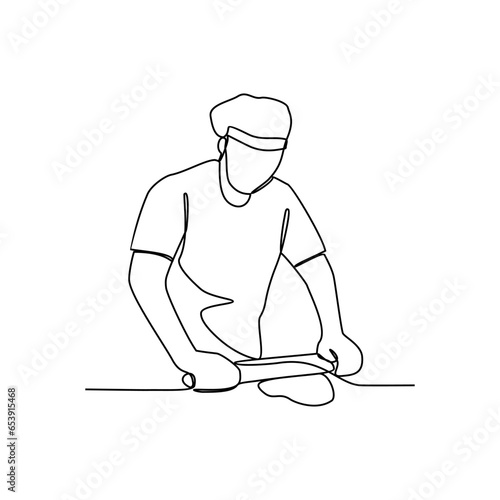 One continuous line drawing of baker working activity with white background. create bread working activity design in simple linear style. baker working people design concept vector illustration.