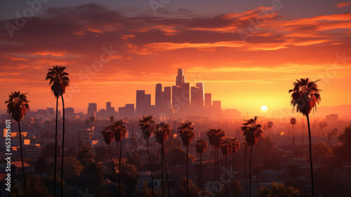 An illustration of evening Los Angeles. Skyscrapers against the backdrop of the sunset, Generative AI