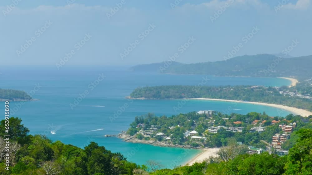 Beautiful turquoise ocean and coastline from high view point. Kata and Karon beaches, Phuket, Thailand, timelapse Beautiful turquoise ocean and coastline from high view point. Kata and Karon beaches, Phuket, Thailand, timelapse