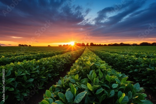A field of green soy plants with a sunset in the background. WIde angle view.