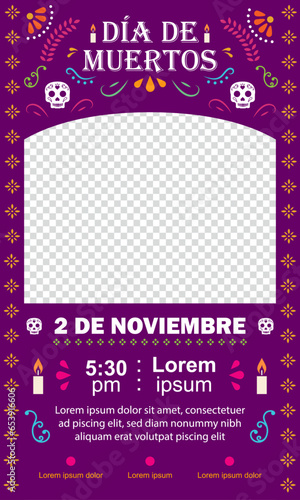 Cartel template, del día de muertos, festividad mexicana con calavera y flores