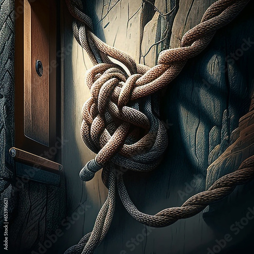 Cuadro en lienzo Rope breaking under tension, rope climbing a wall, climbing rope, floating rope, rope with the vertical end cut off, taut rope breaking, close-up
