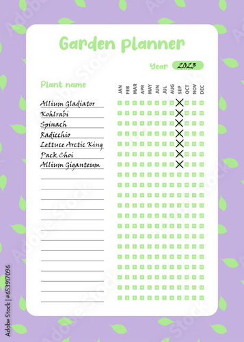 Garden planner, planting, monthly with check boxes. Template page with lines, natural background, leaves decor, green tones, herbs decor