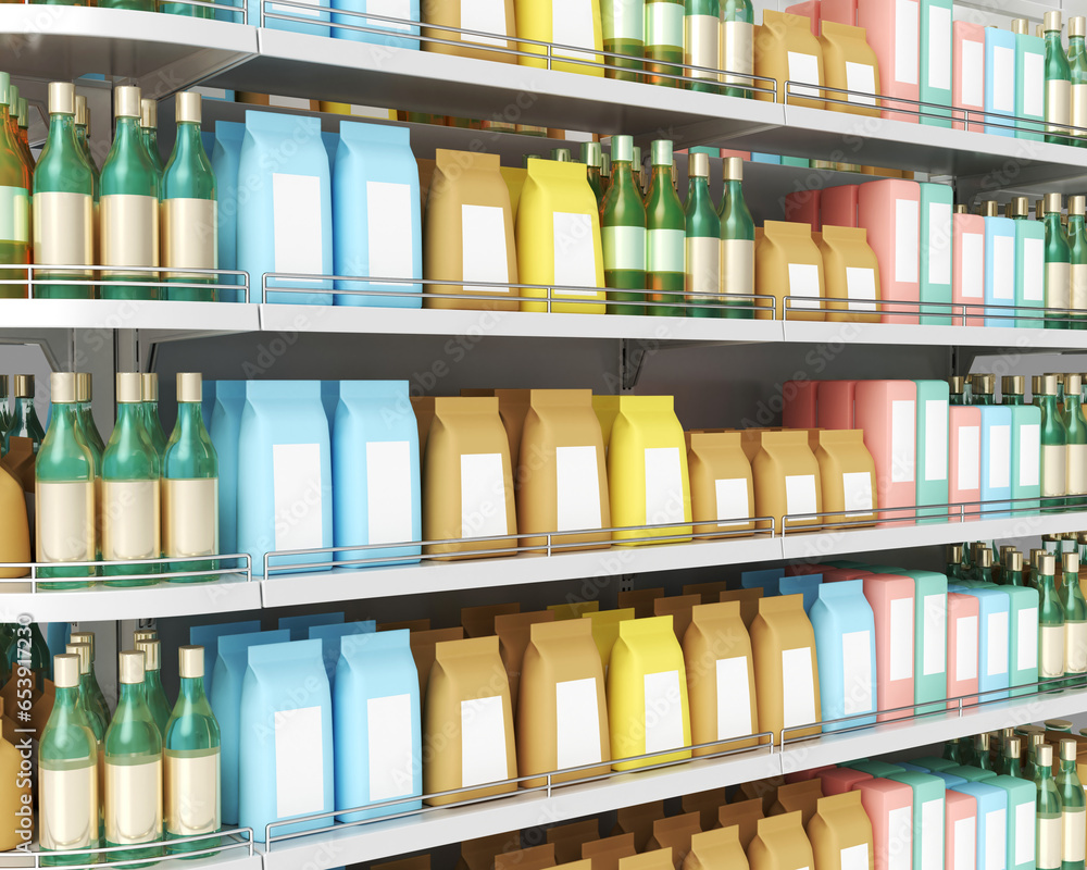 Shelves with products in a self-service supermarket. 3d illustration