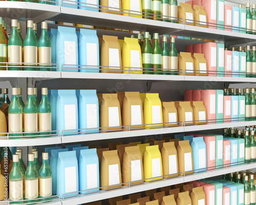 Shelves with products in a self-service supermarket. 3d illustration
