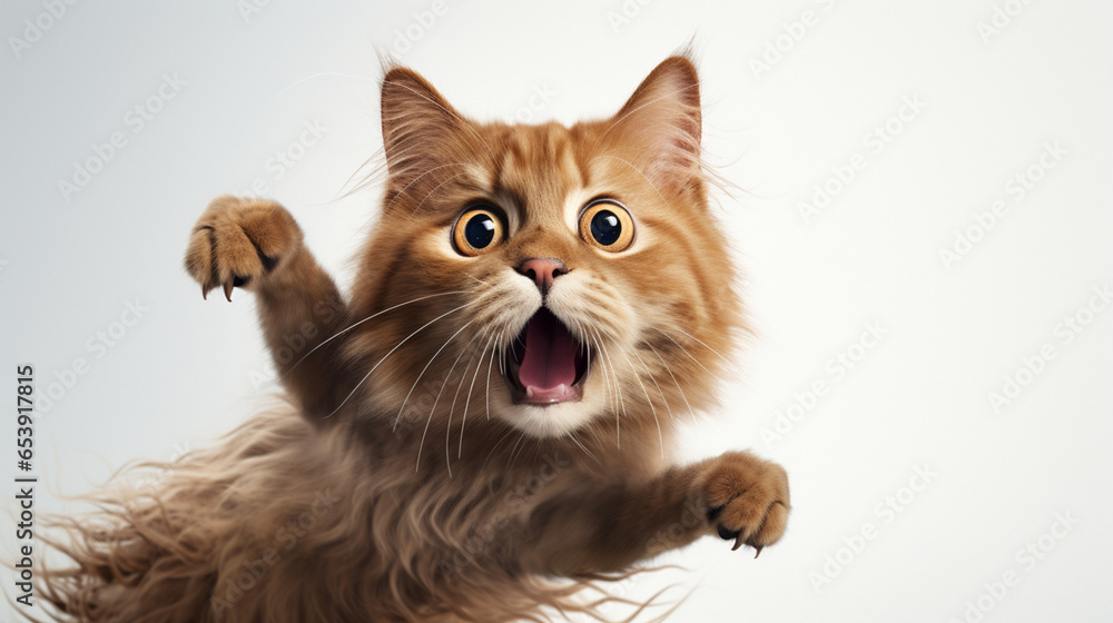 Portrait of a funny surprised cat closeup Cute cat in jump isolated on transparent white background. Generative AI