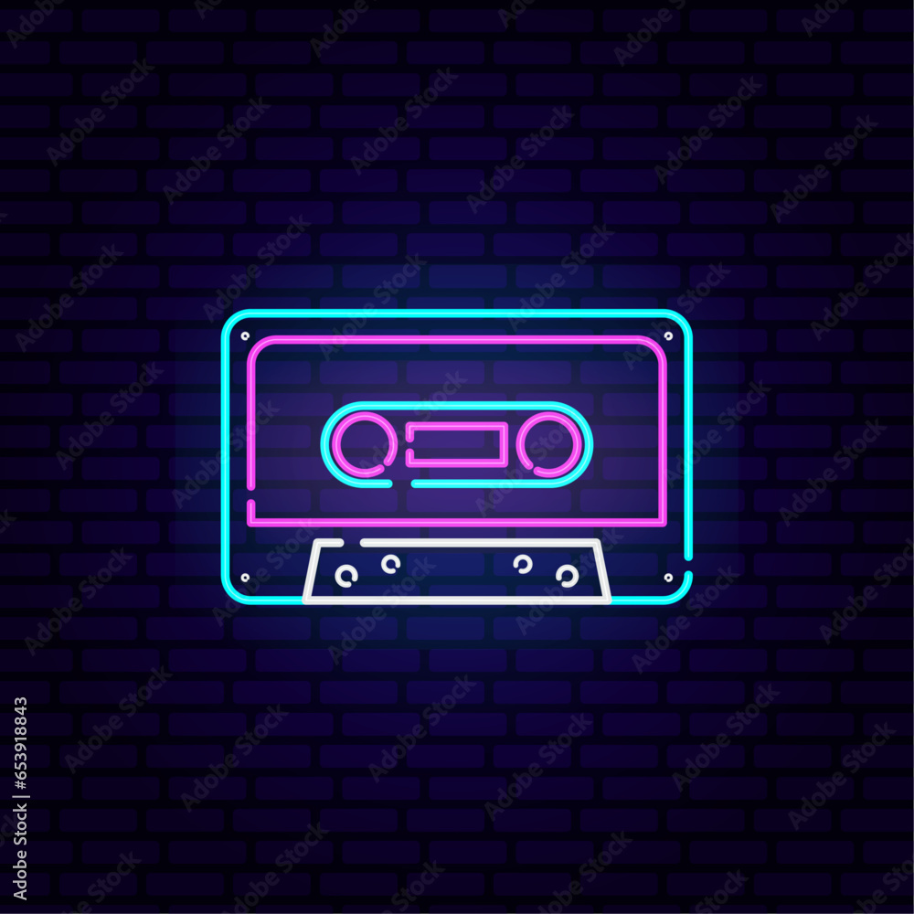 Audio retro cassette neon sign Light banner. Design element neon signboard. Colorful billboard Vector illustration Audio retro cassette neon sign Light banner. Design element neon signboard. Colorful billboard Vector illustration