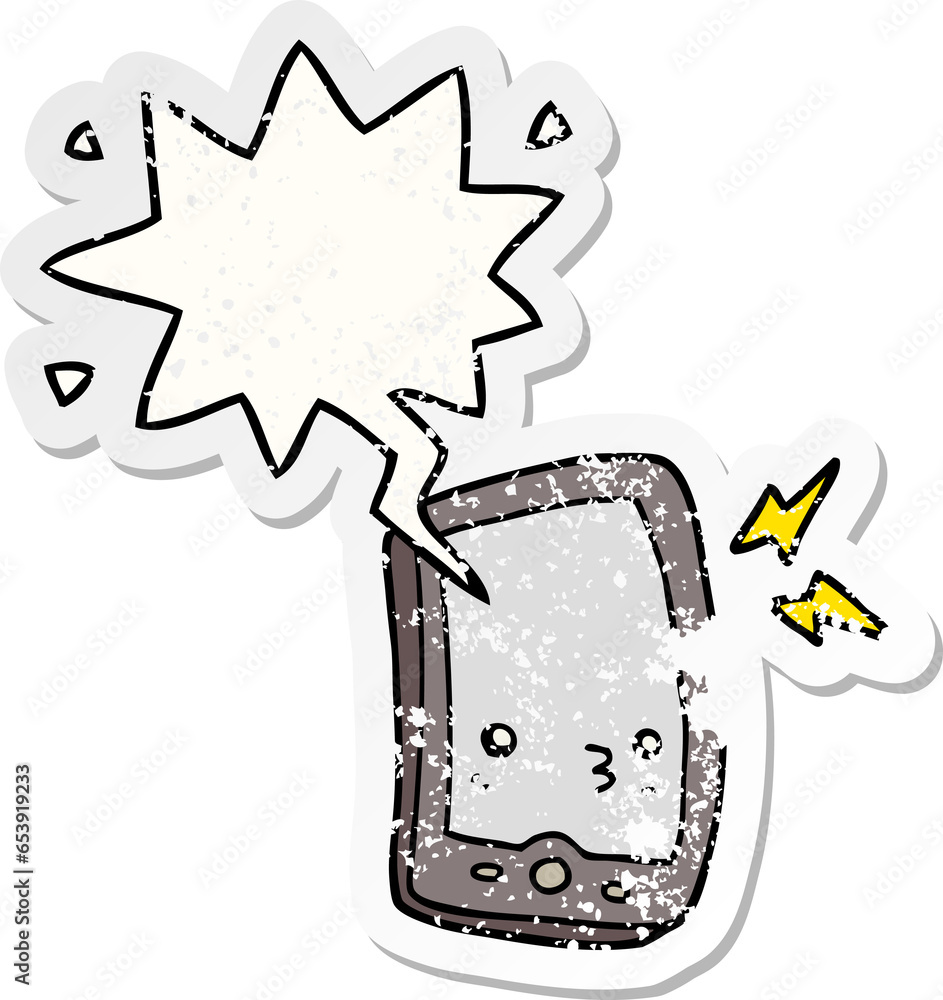 cartoon mobile phone with speech bubble distressed distressed old sticker cartoon mobile phone with speech bubble distressed distressed old sticker