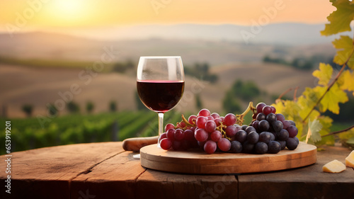 Wooden empty rustic table with red grape, on blurred vineyard landscape background natural organic product placement montage mockup.