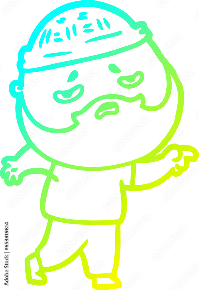 cold gradient line drawing of a cartoon worried man with beard