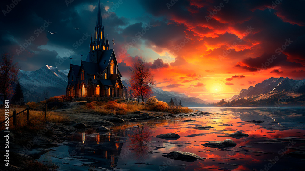 fantasy landscape with lake and castle