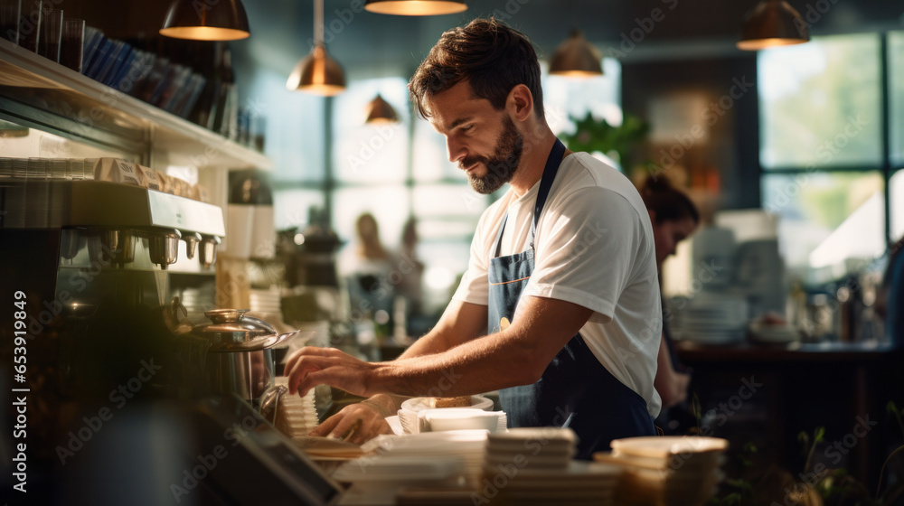 Smiling attractive man barista standing behind the counter at the coffee shop, showing coffee cup Smiling attractive man barista standing behind the counter at the coffee shop, showing coffee cup