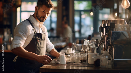 Smiling attractive man barista standing behind the counter at the coffee shop, showing coffee cup