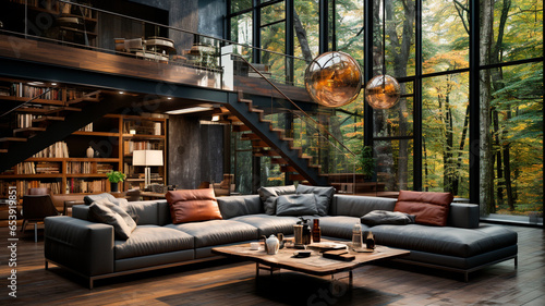 modern loft interior design with wooden sofa, armchair and fireplace