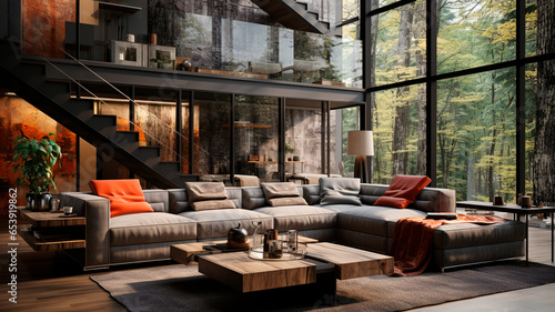 modern loft interior design with wooden sofa  armchair and fireplace