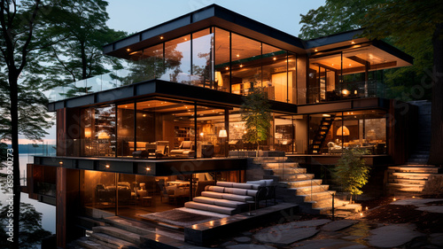modern luxury house interior with beautiful lake