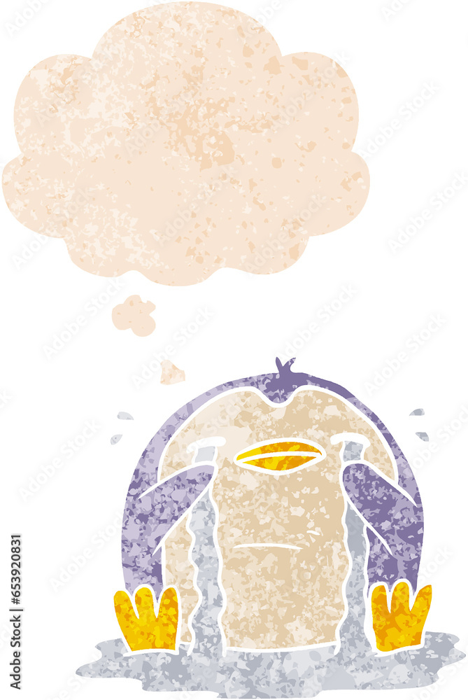 cartoon crying penguin with thought bubble in grunge distressed retro textured style cartoon crying penguin with thought bubble in grunge distressed retro textured style