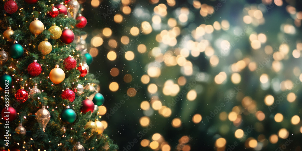 Christmas tree with red gold green baubles and ornaments on blurred bokeh lights background Christmas tree with red gold green baubles and ornaments on blurred bokeh lights background