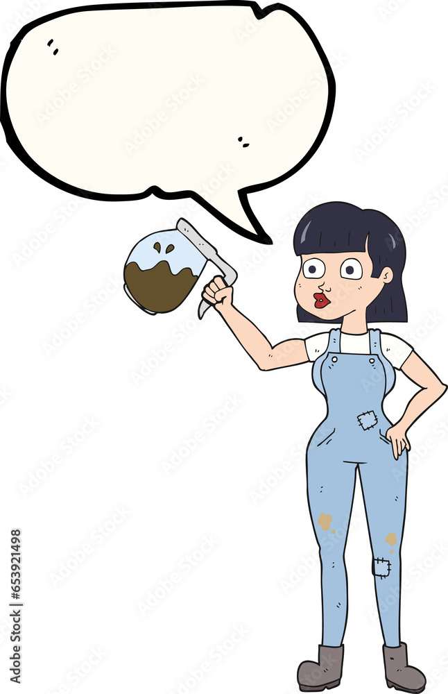 freehand drawn speech bubble cartoon woman in dungarees with coffee freehand drawn speech bubble cartoon woman in dungarees with coffee