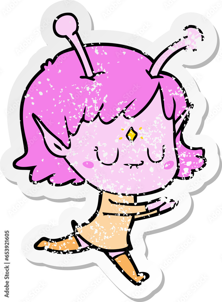 distressed sticker of a cartoon alien girl distressed sticker of a cartoon alien girl