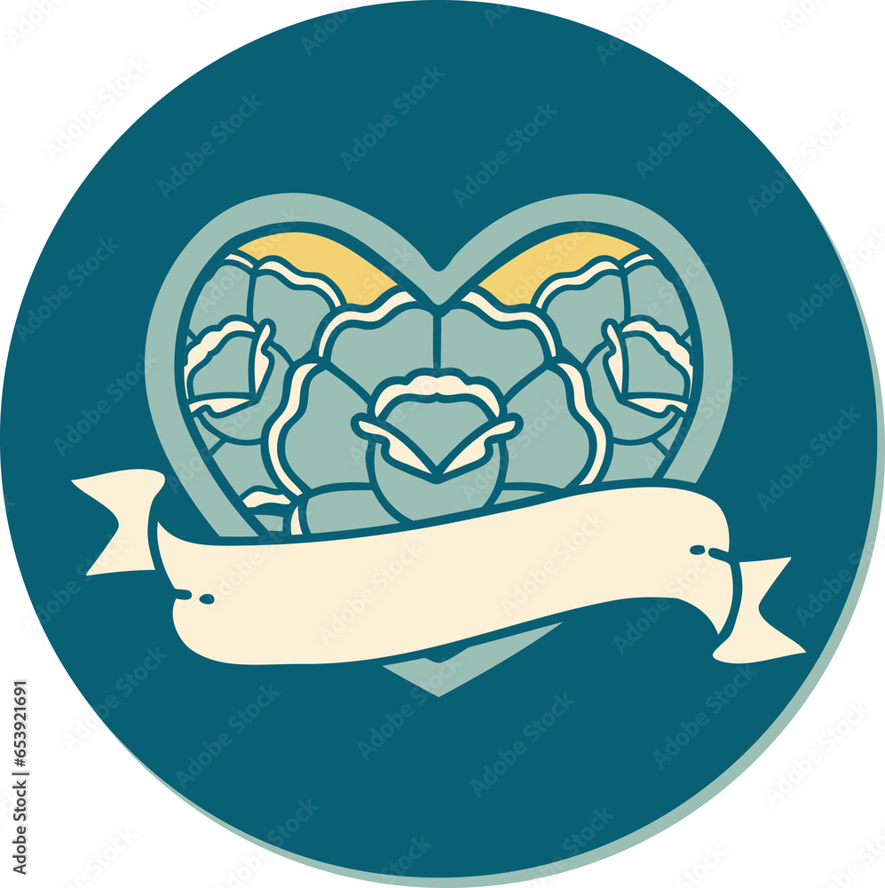 sticker of tattoo in traditional style of a heart and banner with flowers sticker of tattoo in traditional style of a heart and banner with flowers