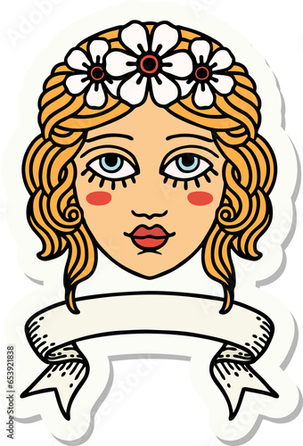 tattoo style sticker with banner of female face with crown of flowers