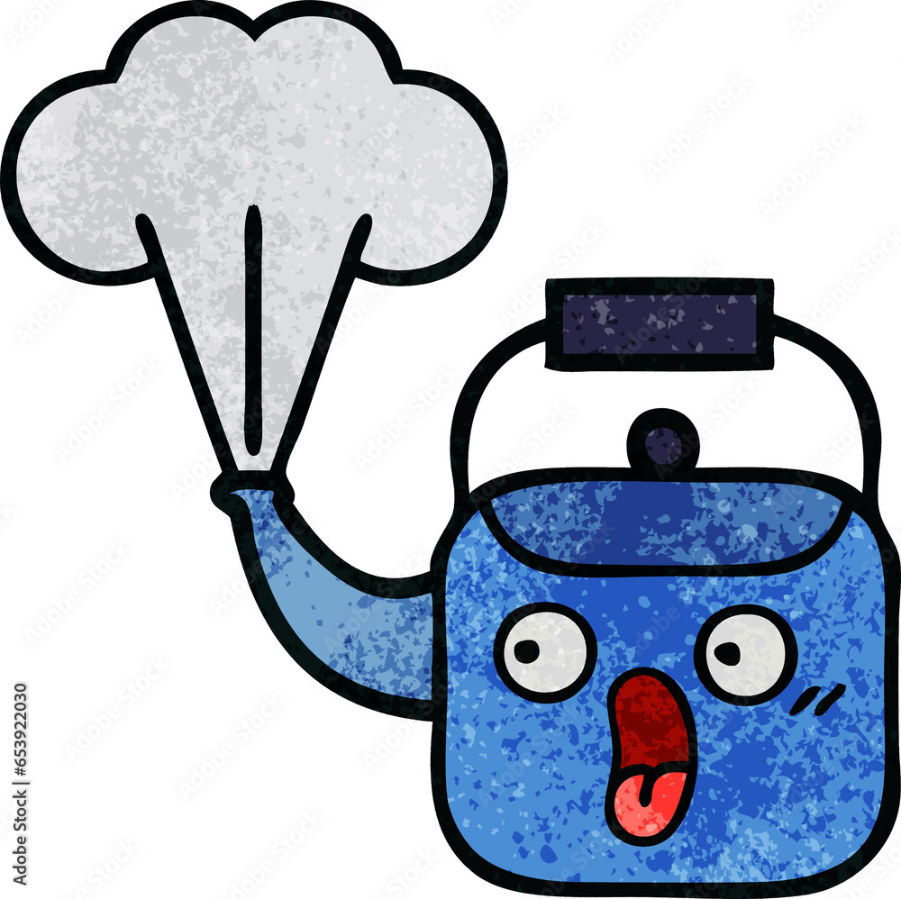 retro grunge texture cartoon of a steaming kettle retro grunge texture cartoon of a steaming kettle