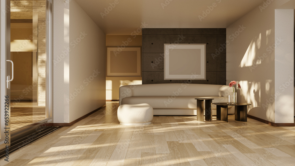 Fototapeta premium Large luxury modern bright interiors Living room mockup illustration 3D rendering computer digitally generated image